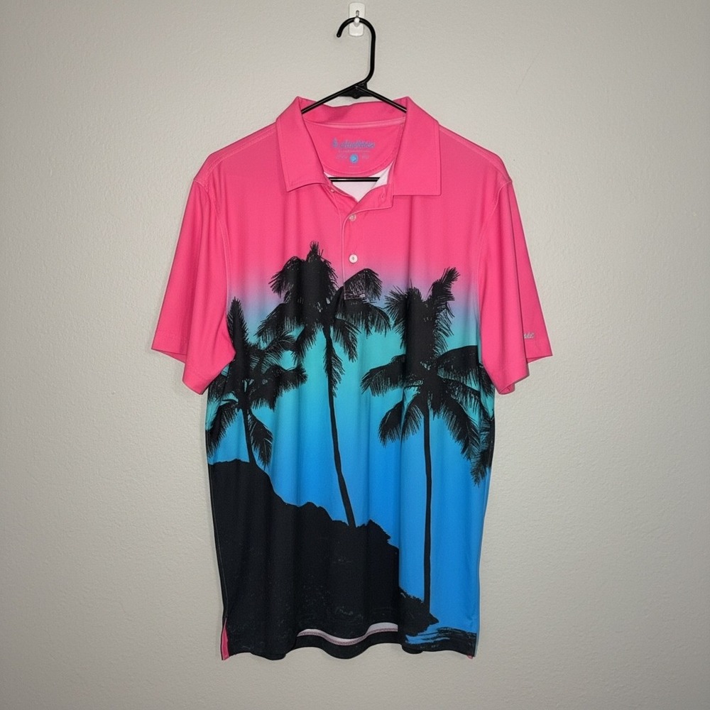 Chubbies Mens Pink Tropical Sunset Palm Tree Performance Polo Shirt Large L - Picture 2 of 6